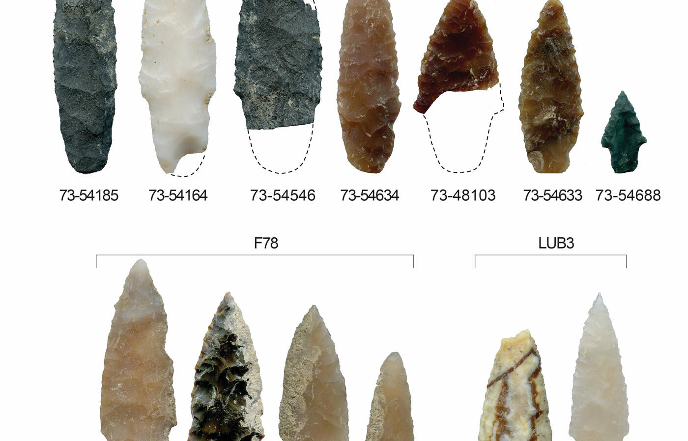 Arrowhead shaped stones of various colors lined up on a white backdrop.