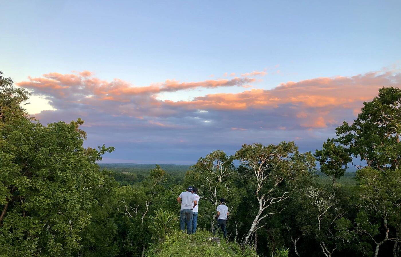 Three people looking out into the Maya Biosphere Reserve.