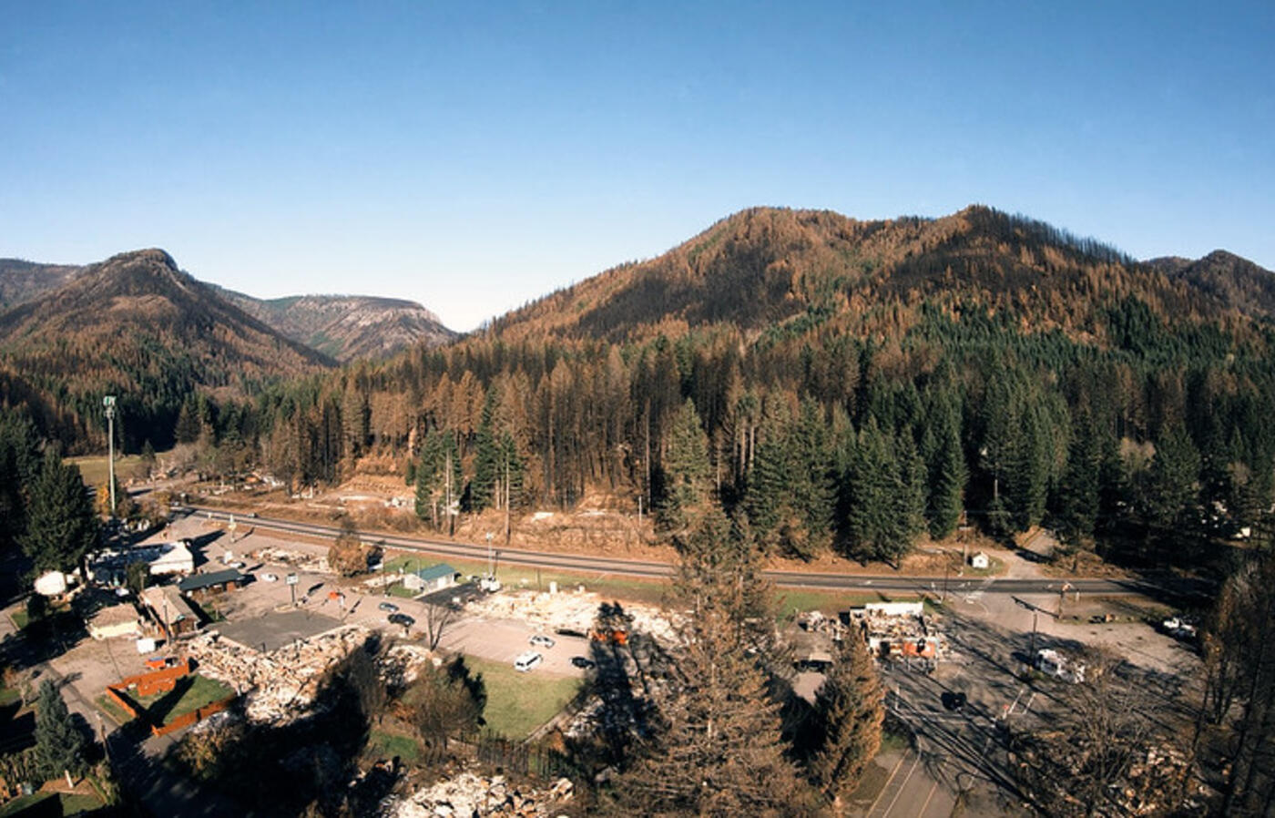 Fire-damaged Detroit, Oregon, following the 2020 Labor Day blazes.