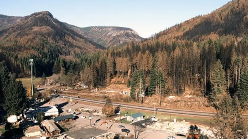 Fire damage in the city of Detroit, Oregon, and the Oregon Cascades can be seen in this aerial image. Photo courtesy Oregon State University. 