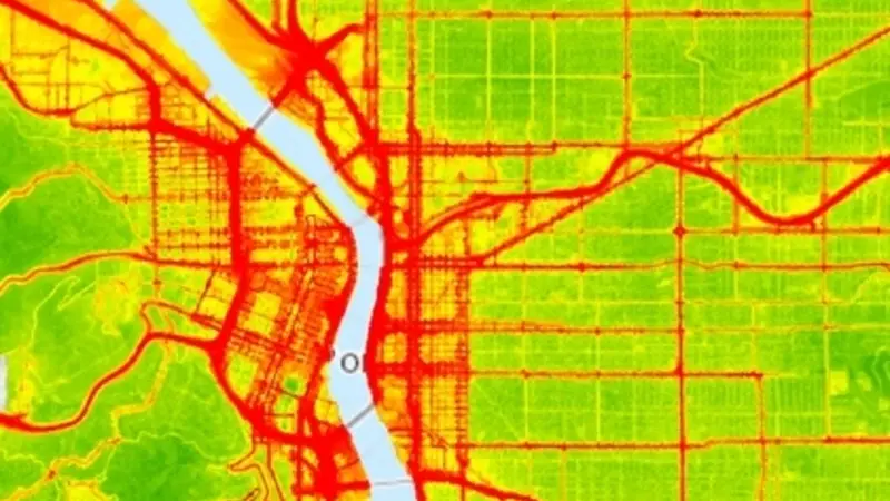 Preliminary average noise level map from a prediction model at 10m resolution calibrated to the noise measurements taken in Portland.