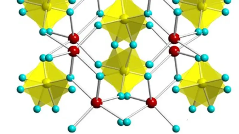 Schematic representation of thortveitite-like structure of Zn2-xNixV2O7 (top).  Substitution of Ni for Zn produces yellow, orange and reddish hues as x value is varied (bottom).  Zinc/Nickel atoms are shown as red spheres located in a distorted five-coordinated trigonal bipyramidal environment formed by oxygen atoms (turquoise spheres). Vanadium atoms are shown as yellow spheres located in a tetrahedral arrangement formed by oxygen atoms. Image provided by Mas Subramanian, OSU College of Science.