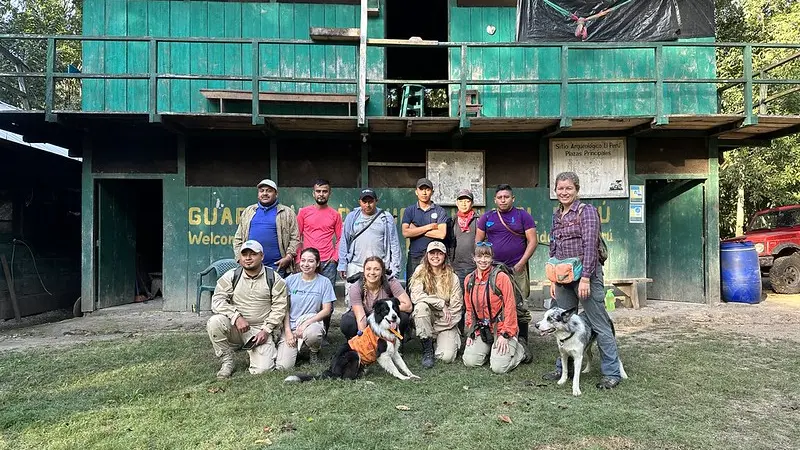 Field crew from Oregon State University and the Wildlife Conservation Society of Guatemala conducting research in the Maya Biosphere Reserve standing in front of a field station.