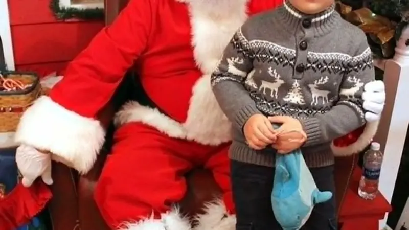 A child posing with Santa for a photo. 