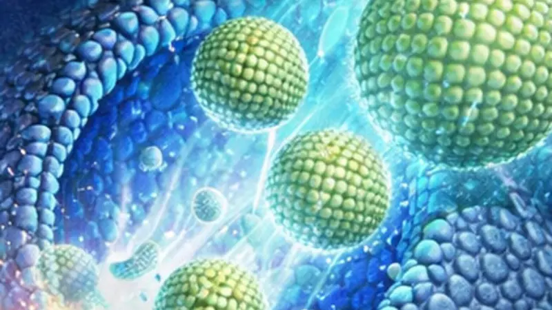 Graphic depicts nanoparticles loaded with a genetic therapy entering a cell.