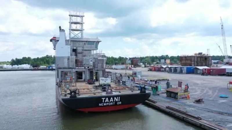 The stern of R/V Taani, a research vessel under construction in Houma, Louisiana. 
