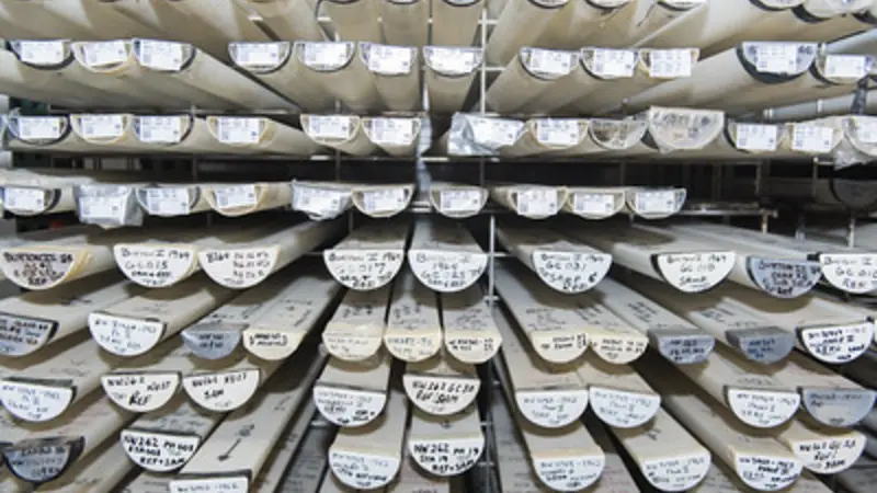 Labels on the ends of stacks of sediment cores stored in the OSU Marine and Geology Repository.