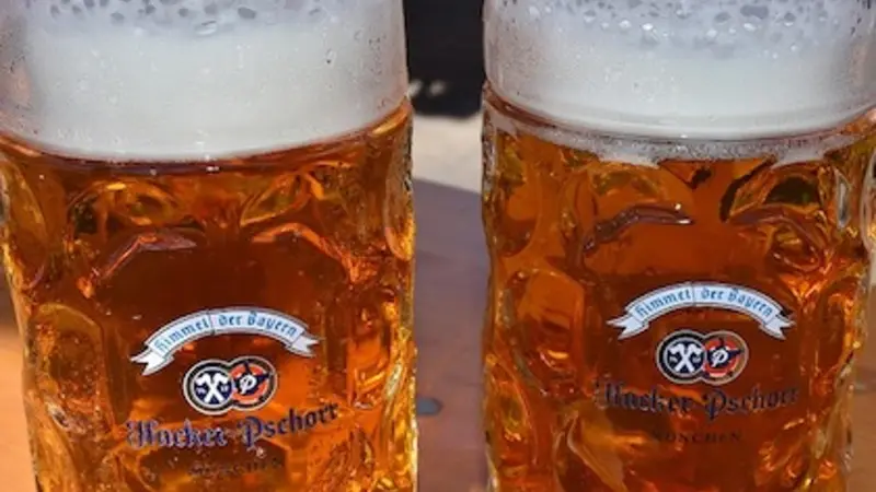 Image shows two full glass steins of beer with a foamy top 