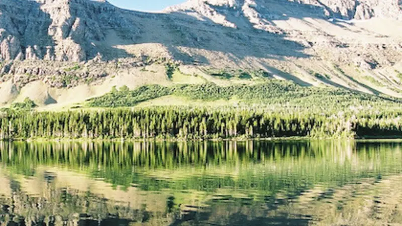 Image of a jagged mountain and green trees reflected in a lake with blue sky overhead at Glacier National Park. 