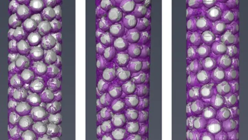 X-ray tomography-based 3D visualizations of microbial biofilm architecture and distribution in porous media columns. The experiments represent three different flow rates, varying three orders of magnitude (slowest on the left, fastest on the right). The g