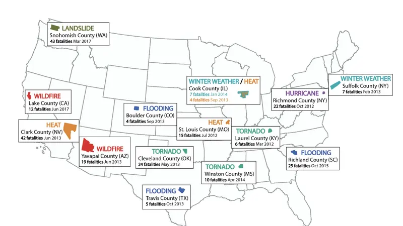 A map showing the 15 extreme weather events included in the study