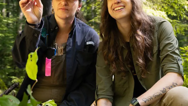 Using a blend of western science and Indigenous Knowledge, Ashley Russell, left, and Tessa Chesonis survey random areas in the forest. Russell is the interim director of culture and natural resources for the Confederated Tribes of the Coos, Lower Umpqua, 