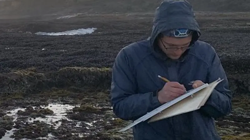 Zechariah Meunier of OSU conducts rocky shore surveys in California. Photo by Risa Askerooth.