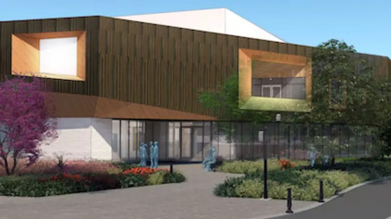 Image is an artist's rendering of what the southeast corner of the new Patricia Valian Reser Center for the Creative Arts will look like when it's finished.