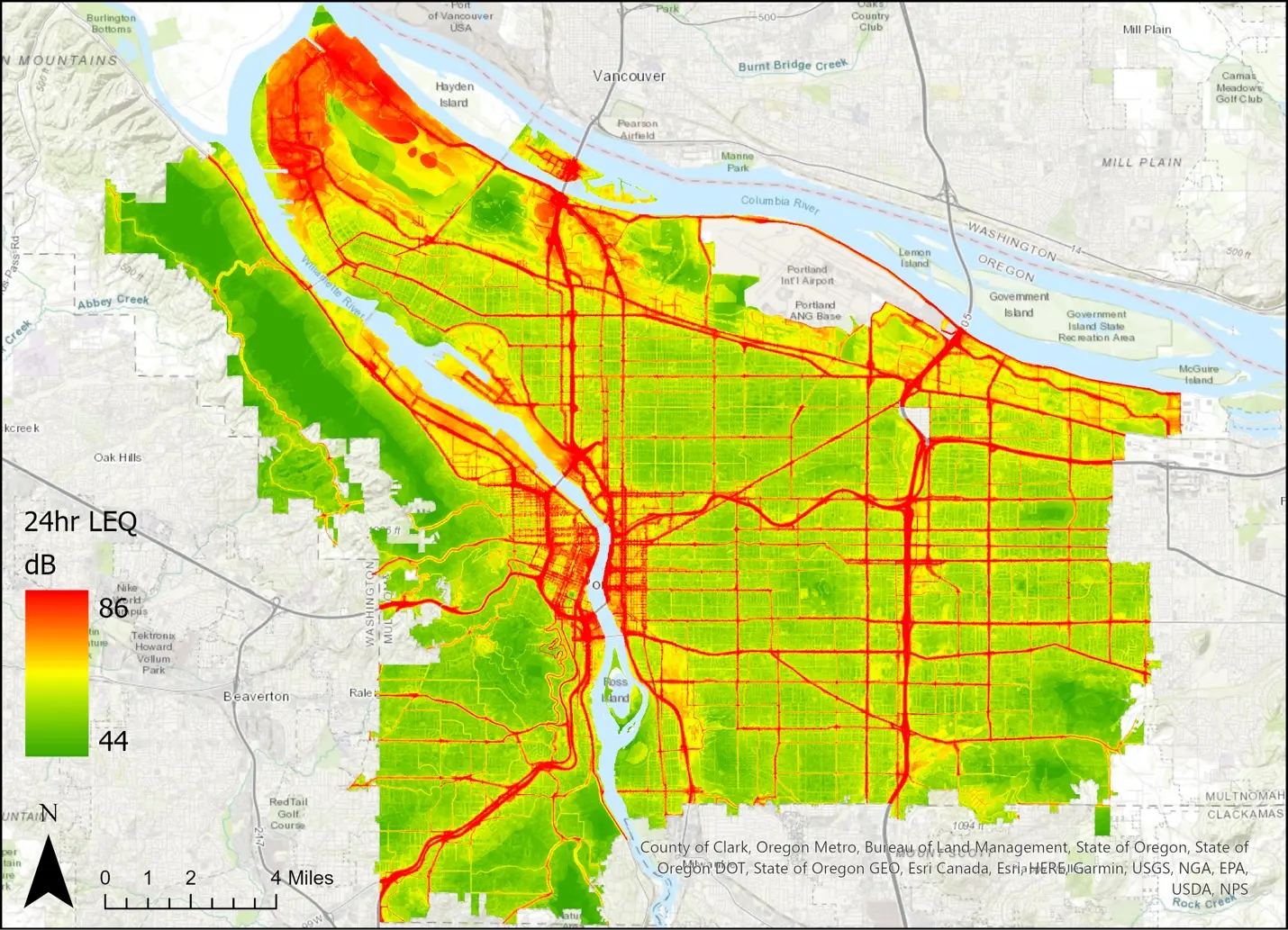Preliminary average noise level map from a prediction model at 10m resolution calibrated to the noise measurements taken in Portland.