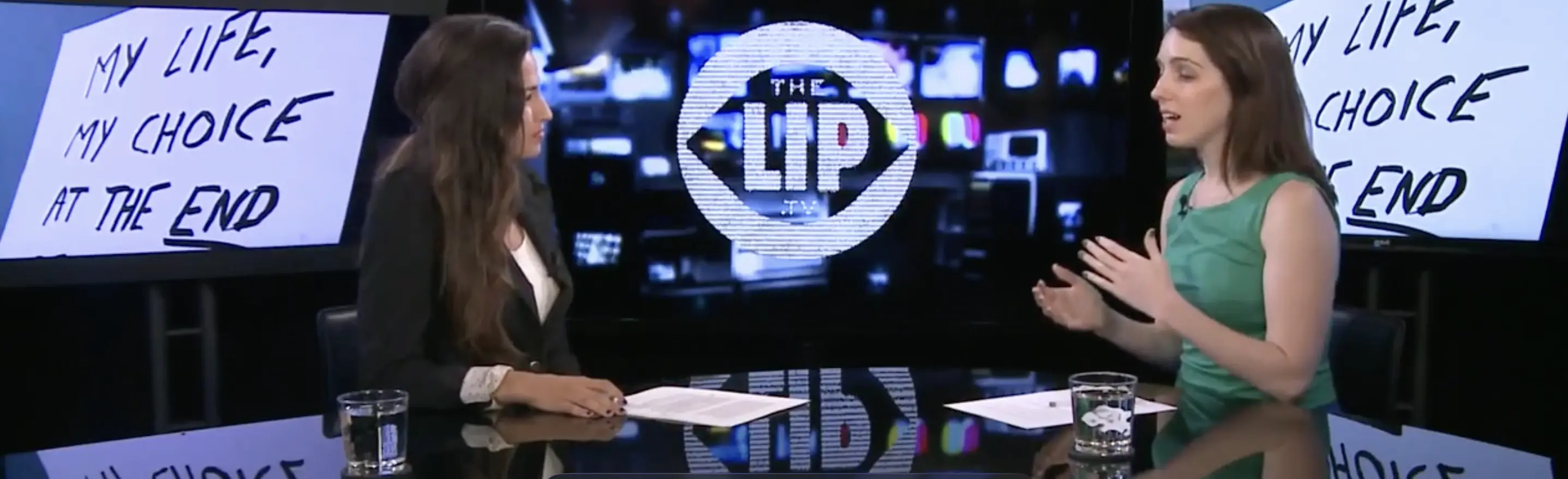 Two women discuss assisted suicide on a news program-style video.