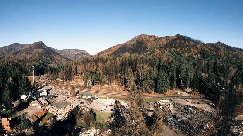 Fire-damaged Detroit, Oregon, following the 2020 Labor Day blazes.