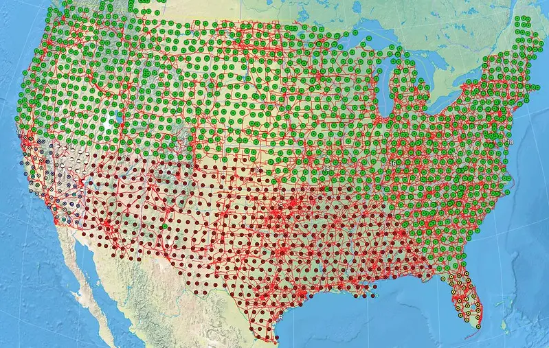 Image depicts a map of the U.S. with a pattern of dots across it in various colors, with each color representing a piece of the mapping project. 