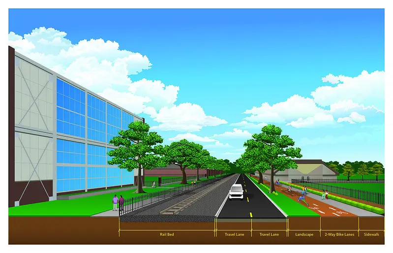Illustration showing proposed changes to Washington Way, including cars on a two-lane roadway, bicyclists on a two-lane bike path; and pedestrians on a sidewalk.