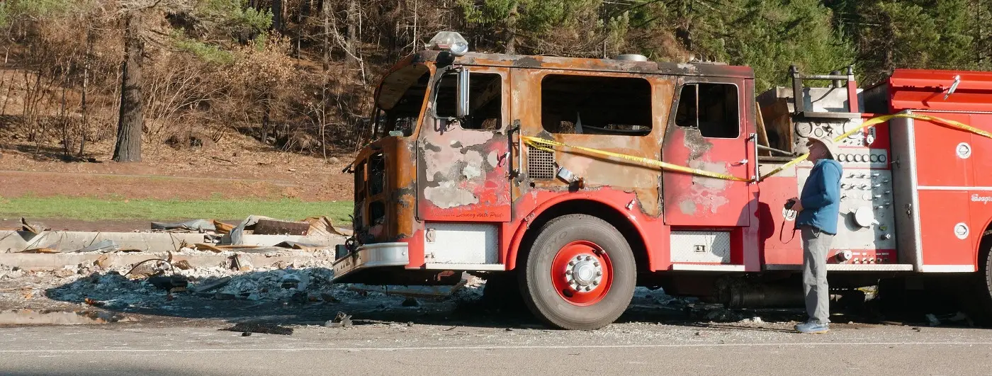 Burned fire engine in Detroit, Oregon; photo by David Baker