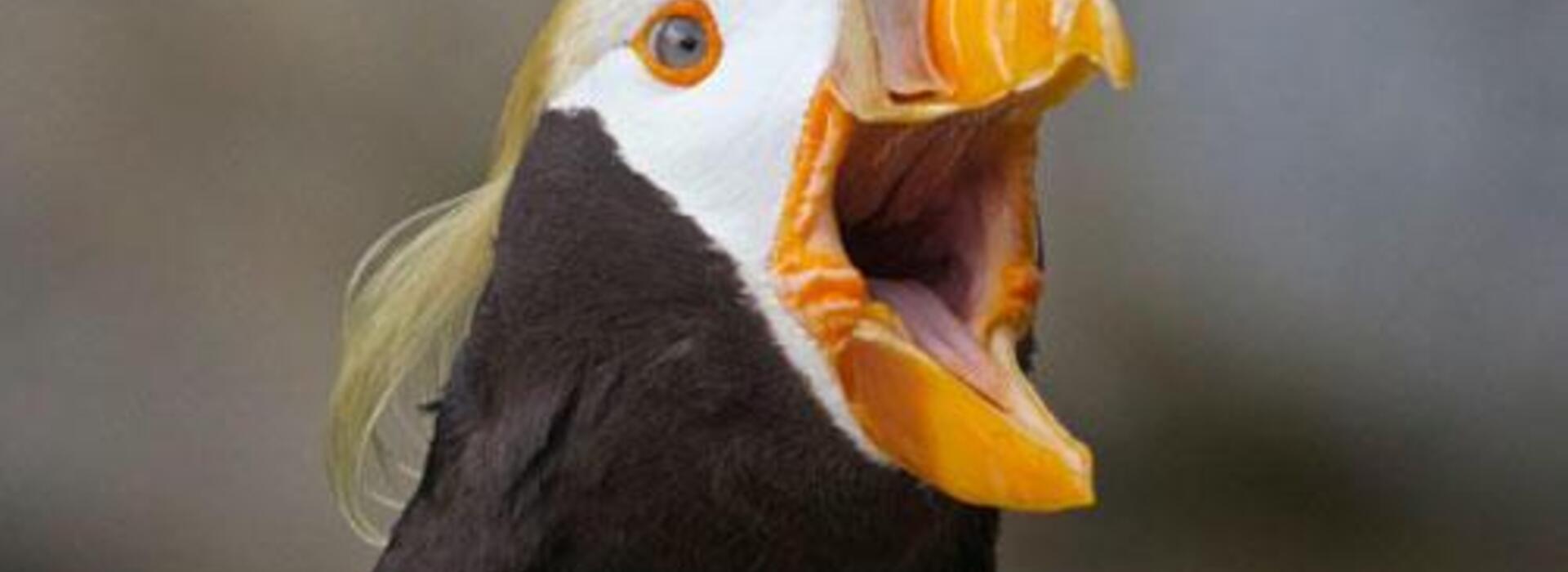 A close-up of a tufted puffin with its beak open. The bird has a white face and black feathers on its body.
