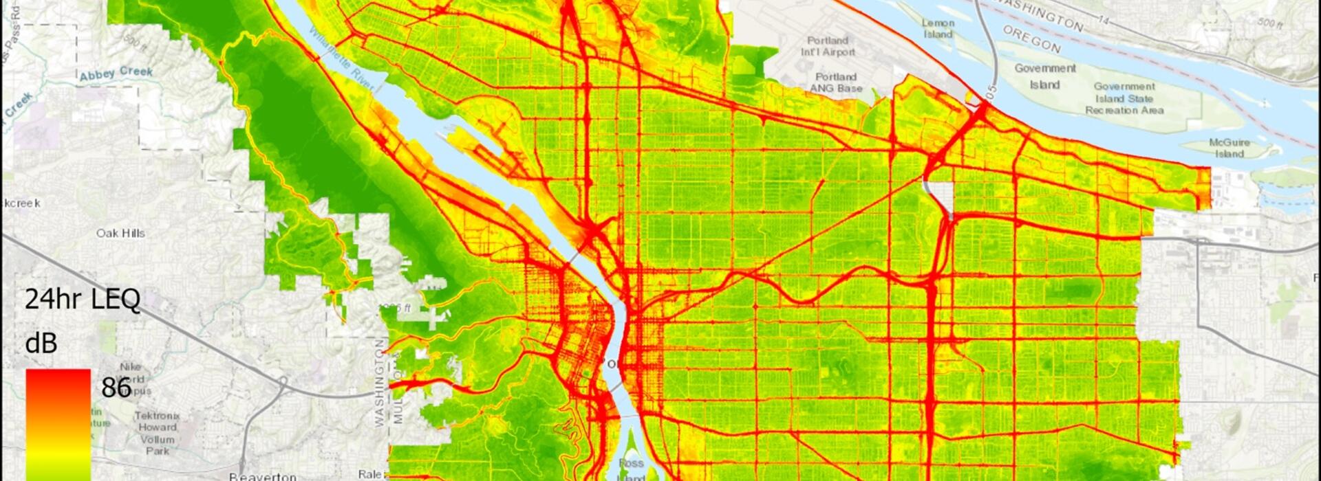 Preliminary average noise level map from a prediction model at 10m resolution calibrated to the noise measurements taken in Portland.