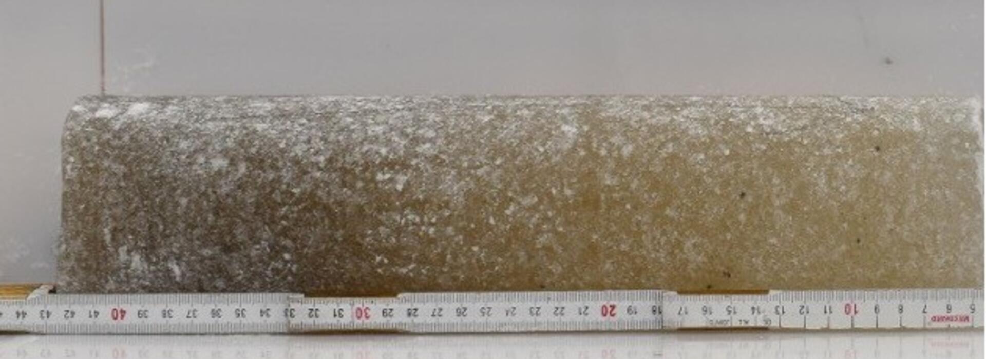 A cylinder shaped core of 6 million year old ice with variations in color from brown to light beige.