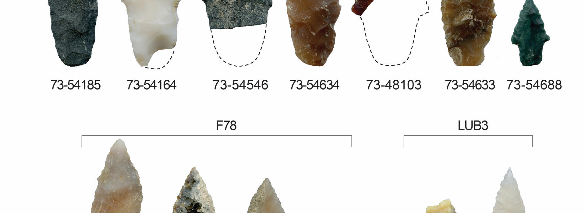 Arrowhead shaped stones of various colors lined up on a white backdrop.