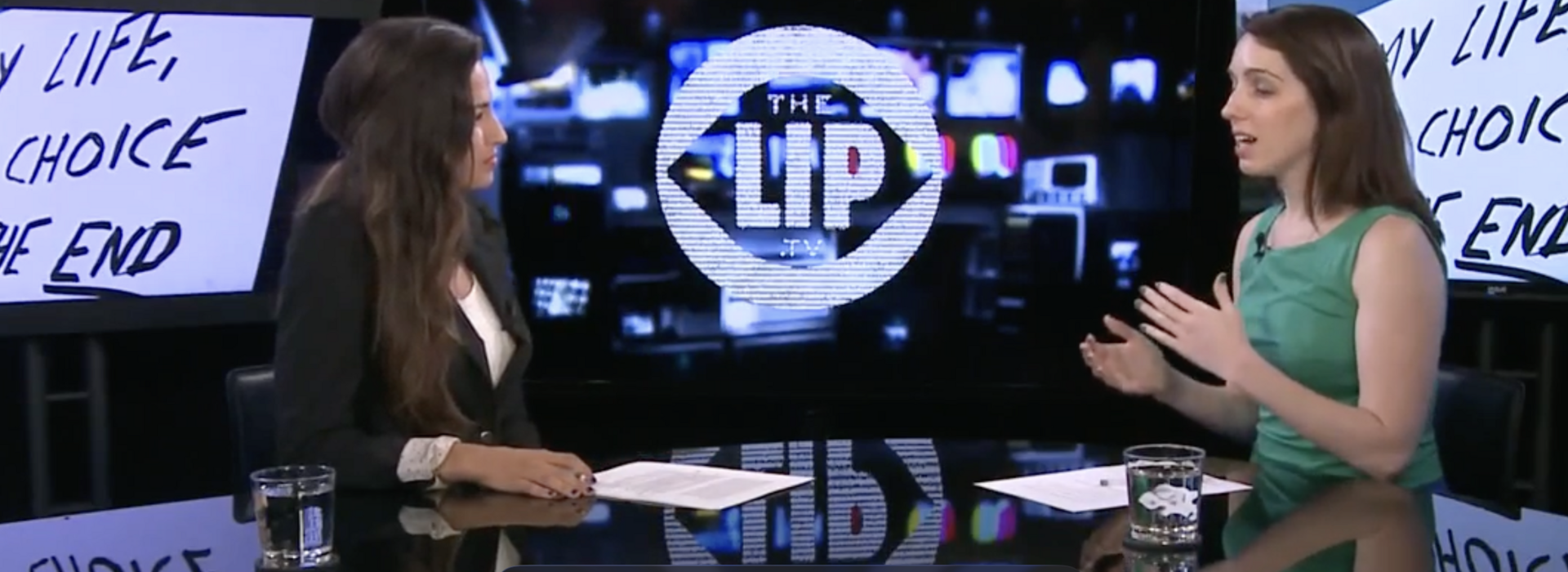 Two women discuss assisted suicide on a news program-style video.