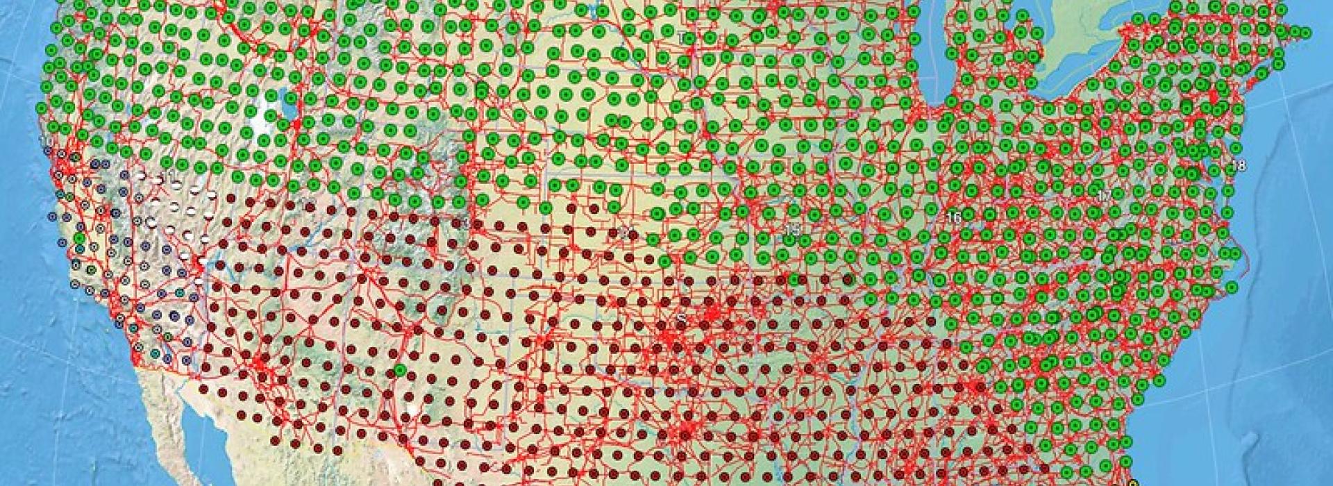 Image depicts a map of the U.S. with a pattern of dots across it in various colors, with each color representing a piece of the mapping project. 