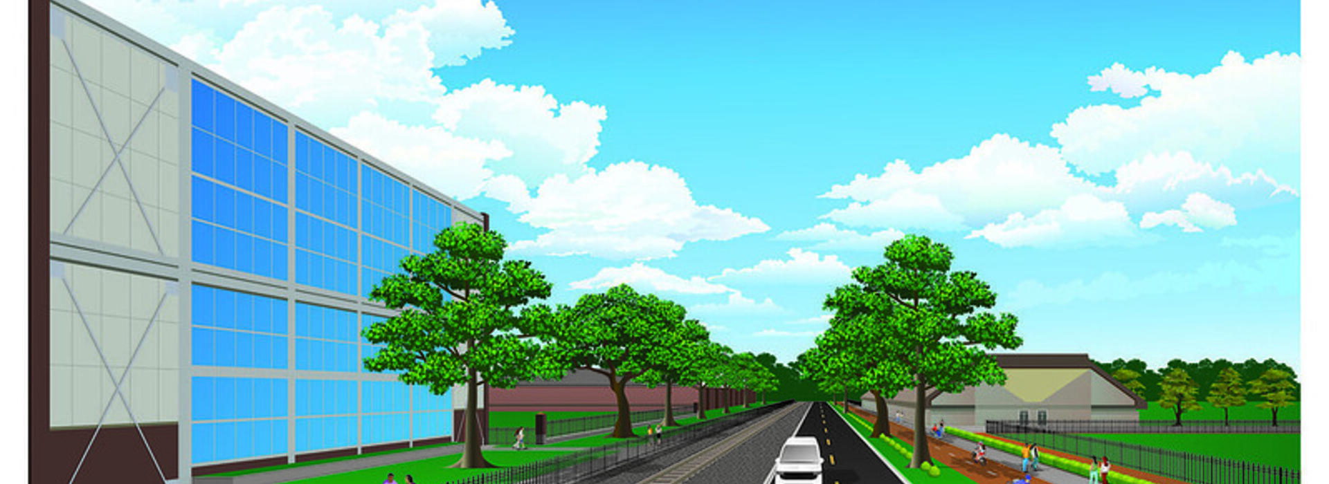 Illustration showing proposed changes to Washington Way, including cars on a two-lane roadway, bicyclists on a two-lane bike path; and pedestrians on a sidewalk.