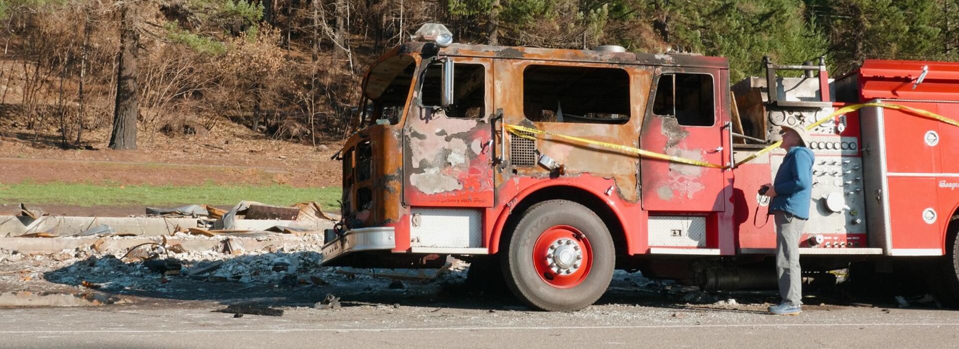 Burned fire engine in Detroit, Oregon; photo by David Baker