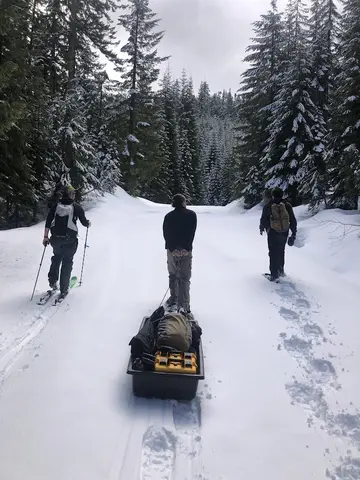 Students on skis and snowshoes with a sled carrying snow measurement equipment on forest road.