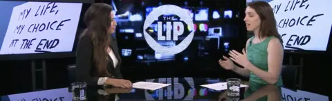 Two women discuss assisted suicide on a news program-style video.