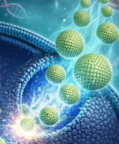 Graphic depicts nanoparticles loaded with a genetic therapy entering a cell.