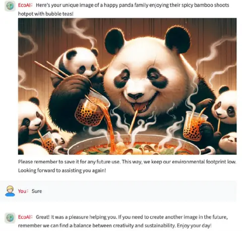 AI-generated image of dining pandas, and action-based design friction elements