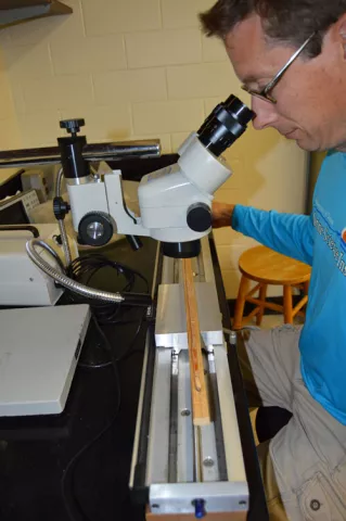 Bryan Black measures growth rings in tree cores to learn about past climate regimes. Photo courtesy The University of Texas at Austin Marine Science Institute.
