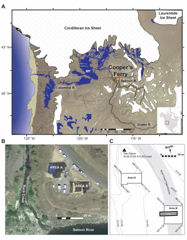 (A) map showing the location of the Cooper’s Ferry site in the context of Pacific Northwest environments at 16,000 years ago; (B) aerial image (from Google Earth) showing the Cooper’s Ferry excavations; (C) site map showing the locations of excavation Area A and Area B.