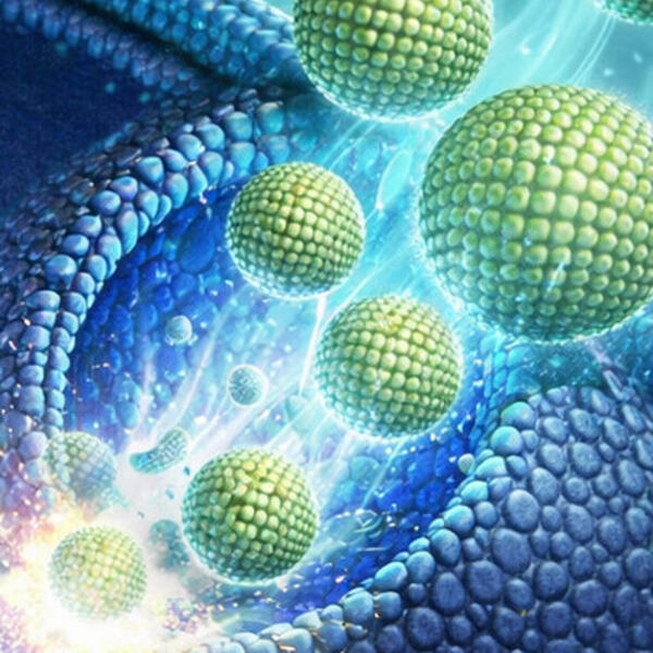 Graphic depicts nanoparticles loaded with a genetic therapy entering a cell.